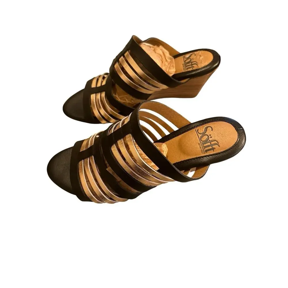 Sofft Leather Slip On Wedge Heels Party Shoes Black / Gold Women’s Size 6.5M